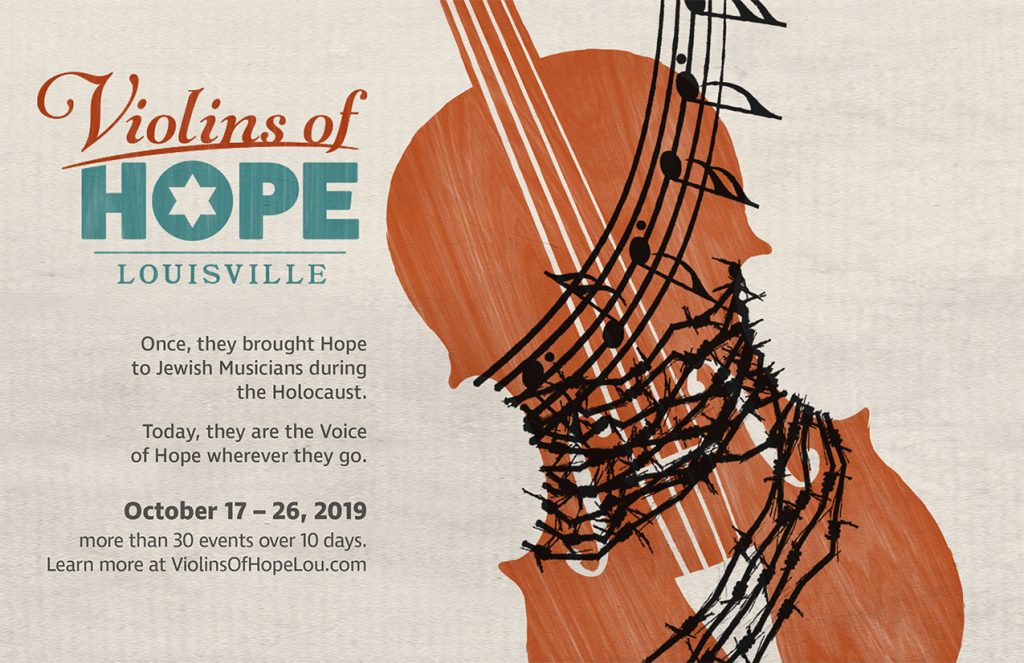 A poster advertising Violins of Hope that features a violin wrapped in barbed wire that turns into music notes.